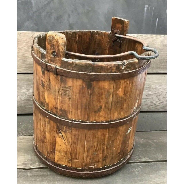Antique Rustic Wooden Well Water Bucket Cast Iron Handle Chairish