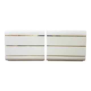 Postmodern Cream Lacquer Laminate Bullnose Nightstands With Gold Paneling - a Pair For Sale