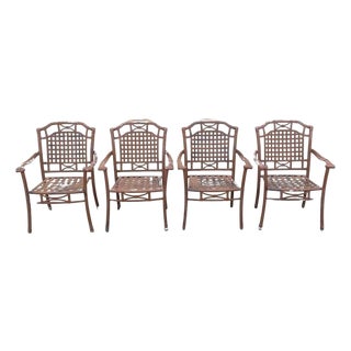 Late 20th Century Cast Aluminum Basket Weave Lattice Rattan Patio Outdoor Arm Chairs - Set of 4 For Sale