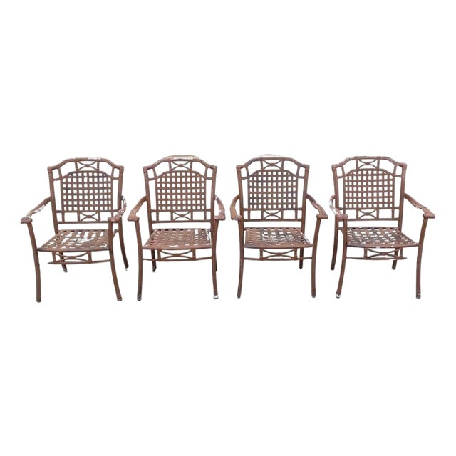 Late 20th Century Cast Aluminum Basket Weave Lattice Rattan Patio Outdoor Arm Chairs - Set of 4 For Sale