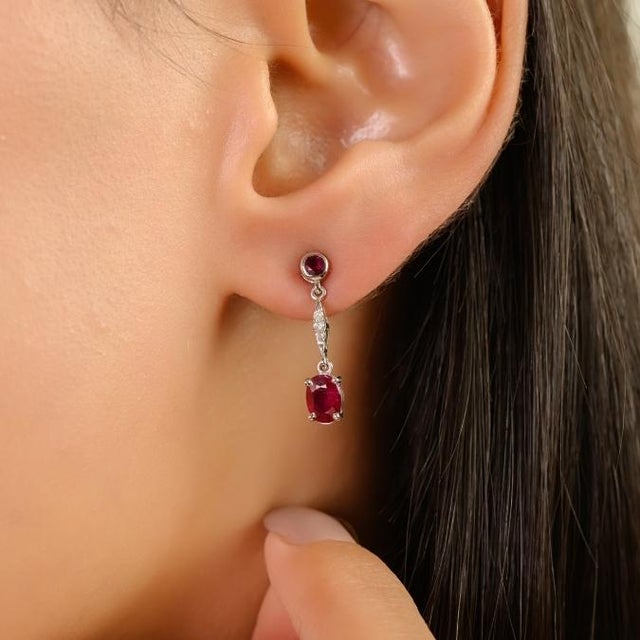 Not Yet Made - Made To Order 14k White Gold 1.35Ct Natural Ruby & Diamond Drop Dangle Earrings- A Pair For Sale - Image 5 of 14