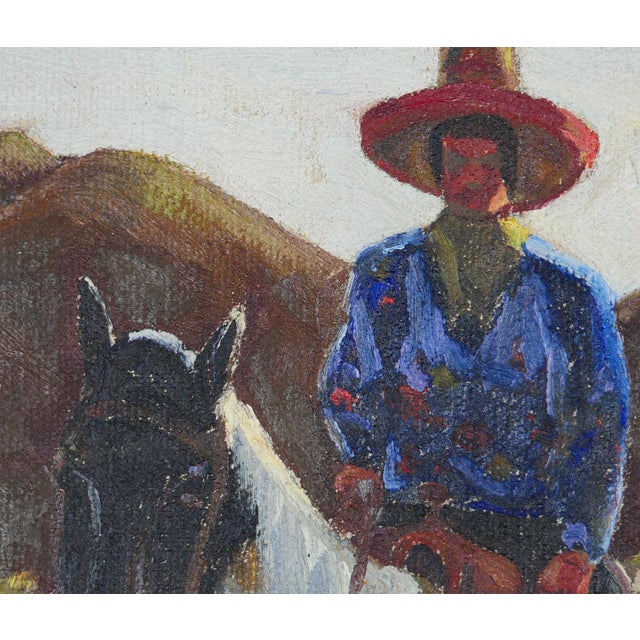 Fred Darge Blue, Red, and Brown Abstract Impressionist Painting of a Cowboy on a Horse, Mid-20th Century For Sale - Image 10 of 10