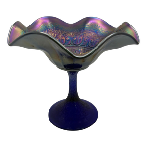 Northwood Hearts and Flowers Blue Carnival Glass Footed Compote