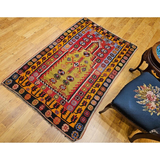 Red Vintage Turkish Kilim Rug, Flat-Woven Prayer Pattern, Yellow & Green, 4x6 For Sale - Image 8 of 16