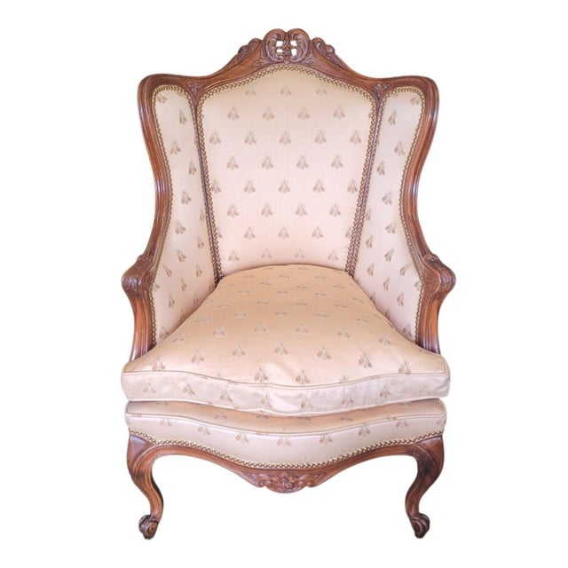 1940s French Carved Wing Chair Bumble Bee Fabric For Sale - Image 12 of 12