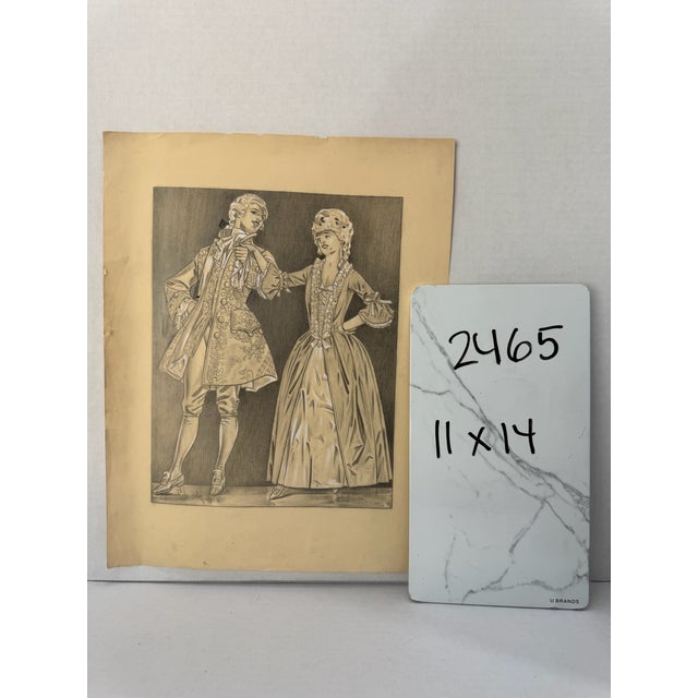 1940s Original Signed Graphite Illustration of 18th Century Couple in Period Dress, 11 × 14 In. For Sale - Image 9 of 9