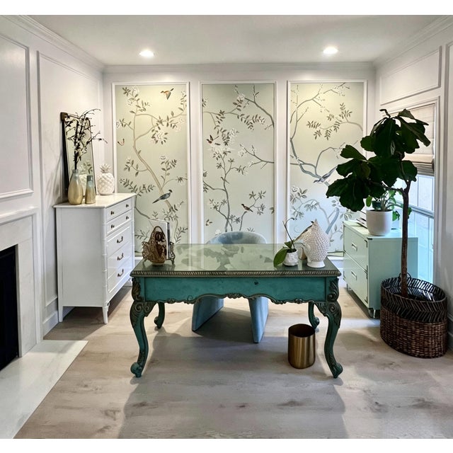 Bring timeless elegance into your interior with this hand-painted chinoiserie-style wallpaper mural, featuring delicate...