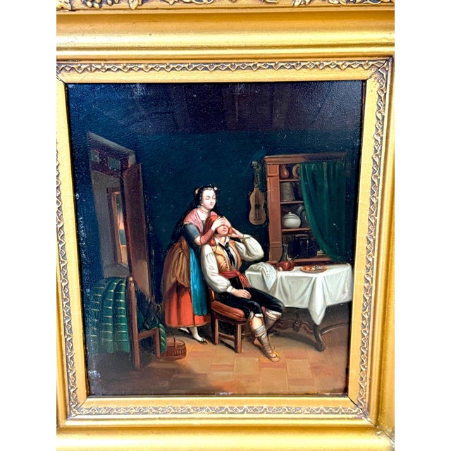 Biedermeier 19th Century Biedermeier Genre Painting “The Surprise" Oil on Tin Original Frame For Sale - Image 3 of 14