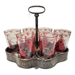 Vintage 8oz. Set of 6 Glasses in an Awesome Hammered Metal Carrier For Sale