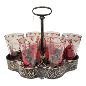 Vintage 8oz. Set of 6 Glasses in an Awesome Hammered Metal Carrier