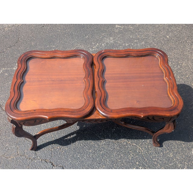 Brown Rare Vintage French Style Carved Parlor Table With Glass Tray Top For Sale - Image 8 of 12