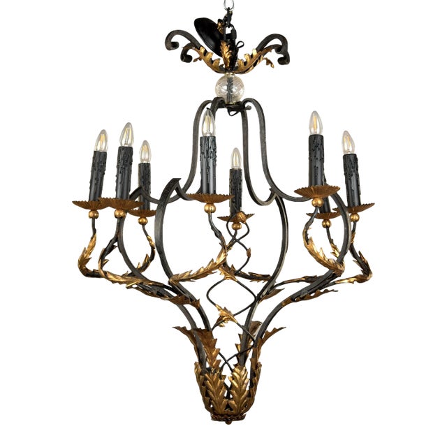 Vintage Italian Black and Gilt Tole Eight Light Chandelier For Sale