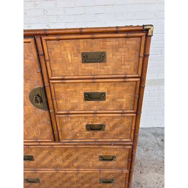 Hollywood Regency Vintage 1980s Chinoiserie Faux Bamboo and Parquetry Campaign Gentleman's Dresser For Sale - Image 3 of 15