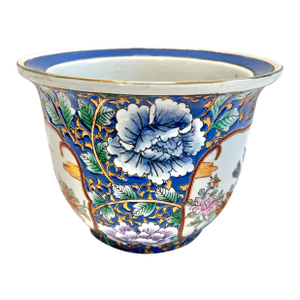 Vintage Blue Floral Bird Chinoiserie Cachepot Porcelain Planter With Gold Detail