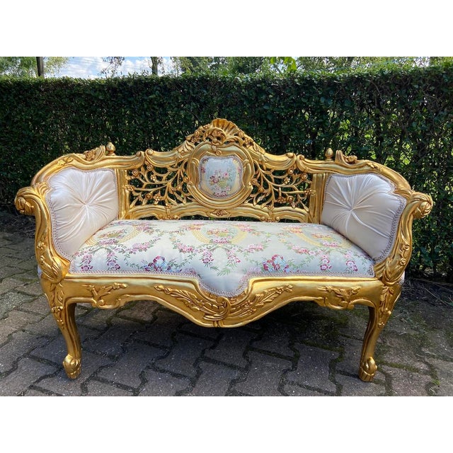 Vintage French Louis XVI Settee in Gilded Beech Wood, Mint Damask & Cream Velvet For Sale - Image 6 of 11
