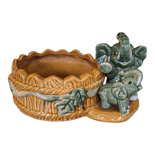 Vintage Elephant Motif Majolica Style Planter For Sale