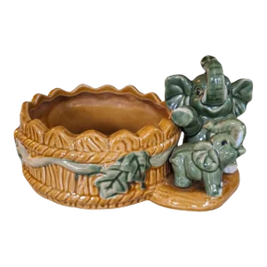 Vintage Elephant Motif Majolica Style Planter