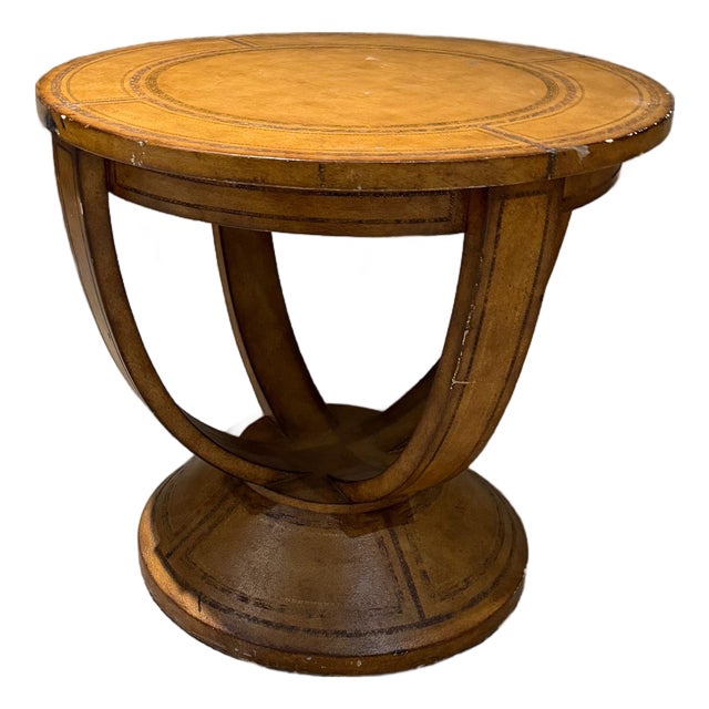 Round Leather Embossed Side Table Attributed Maitland Smith Art Deco Neoclassical For Sale
