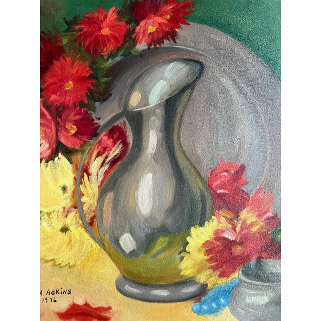 1970s' Vintage Still Life Painting of a Pitcher and Colorful Flowers For Sale - Image 10 of 10