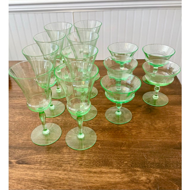Bright Green Early 20th Century Uranium Vaseline Glass Cambodia Stemware by Utility Glass Works - Set of 13 For Sale - Image 8 of 12