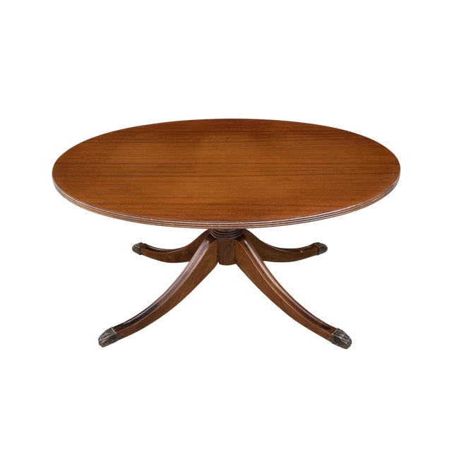 Early 20th Century Vintage Duncan Phyfe Style Mahogany Oval Coffee Table – Federal Neoclassical Pedestal Base With Reeded Saber Legs & Brass Claw Feet For Sale - Image 5 of 9