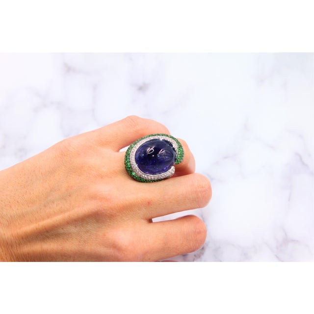Blue Tanzanite Oval Cabochon Diamonds Tsavorites Pave 18k White Gold Unique Ring, Size 7 For Sale - Image 14 of 18