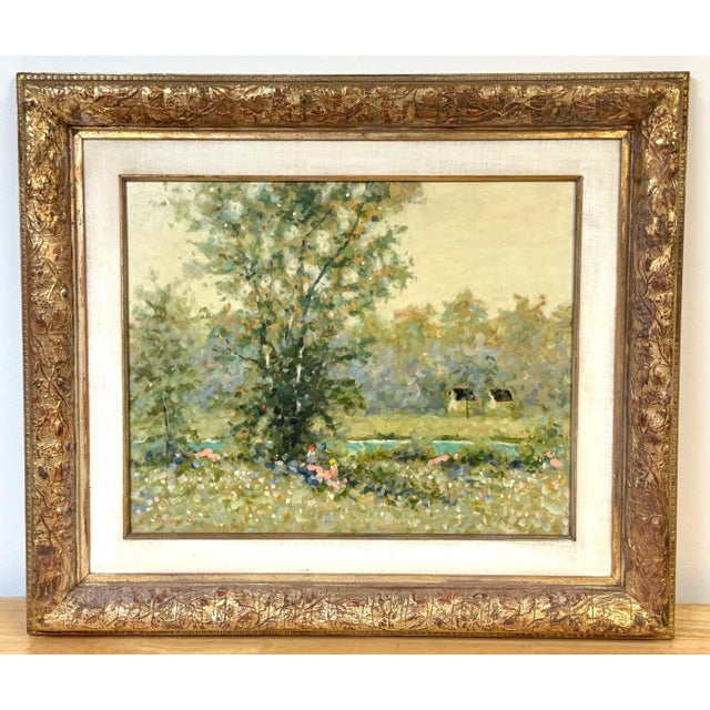 Maurice Monnard Impressionist Riverside Landscape with Seated Figures, 1970s Signed lower left "Monnard," this luminous...