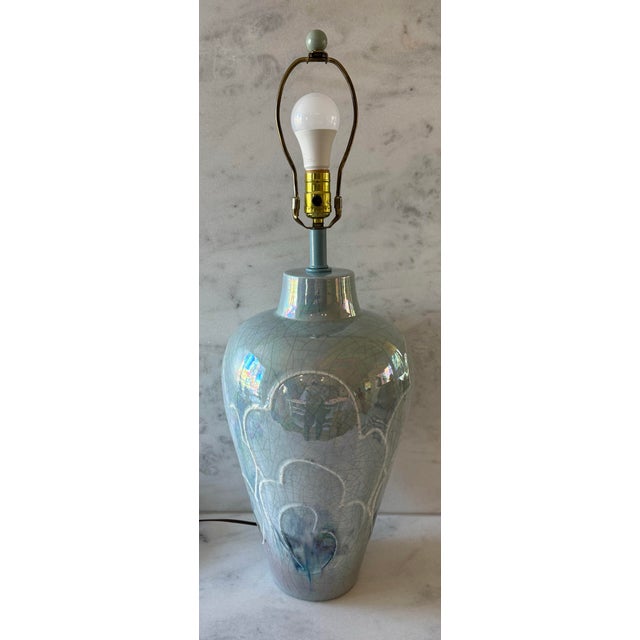 1980s Large Raku Pottery Table Lamp With Iridescent Pastel Glaze For Sale - Image 5 of 8