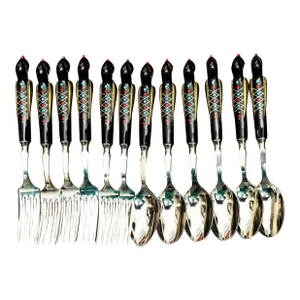 Late 20th Century S&s Haddad Family Authentic Jezzine Dessert Spoons & Forks Inlaid With Turquoise & Coral- 12 Pieces