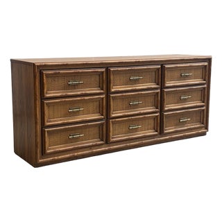 Vintage Sideboard with Rattan Fronts and Brass Handles, Italy, 1970s For Sale