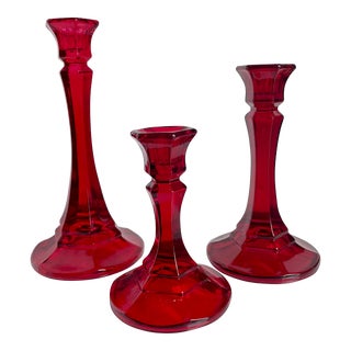 Vintage Indiana Glass Ruby Red Candlestick Holders, Set of 3 For Sale