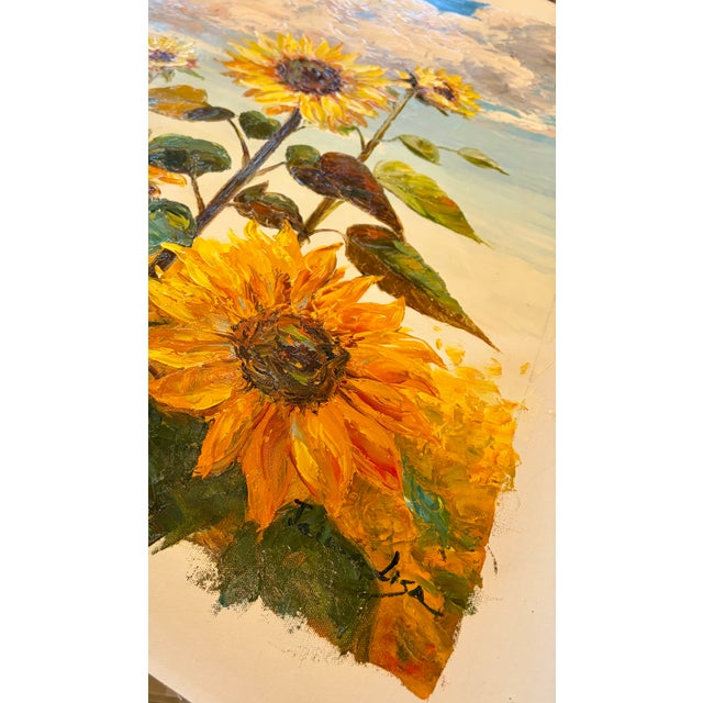 Sunflower Field Under Blue Skies — Original Oil Painting, Unstretched, 30" × 40" For Sale - Image 6 of 7