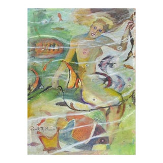Vintage Mid 20th Century Mermaid and Fish Undersea Painting For Sale