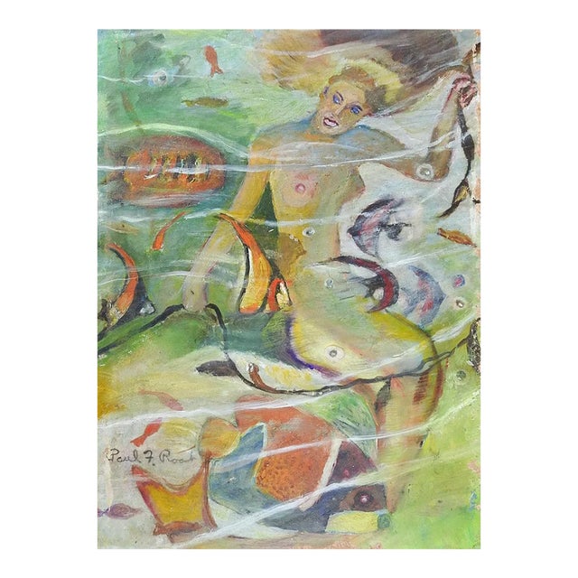 Vintage Mid 20th Century Mermaid and Fish Undersea Painting For Sale