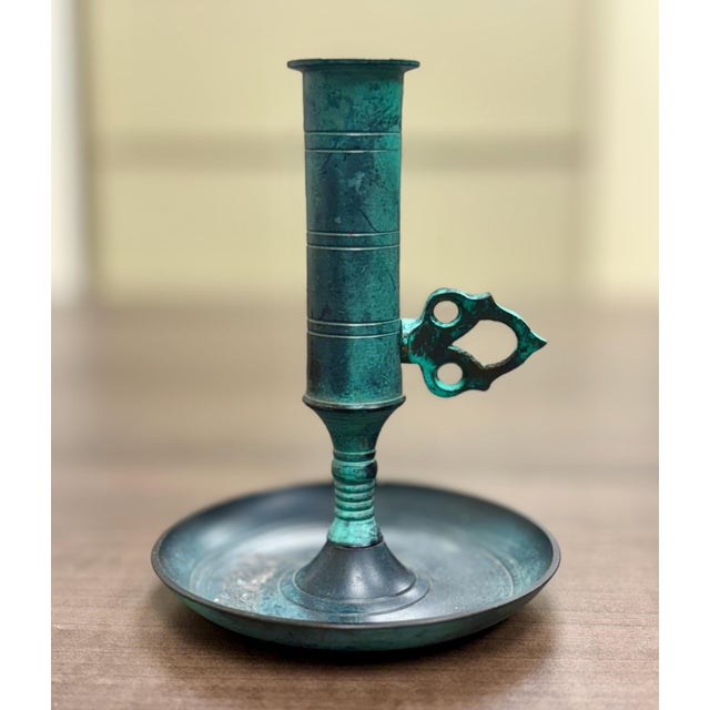 Victorian Vintage Oxidized Brass Candlestick With Candle Push Handle For Sale - Image 3 of 12