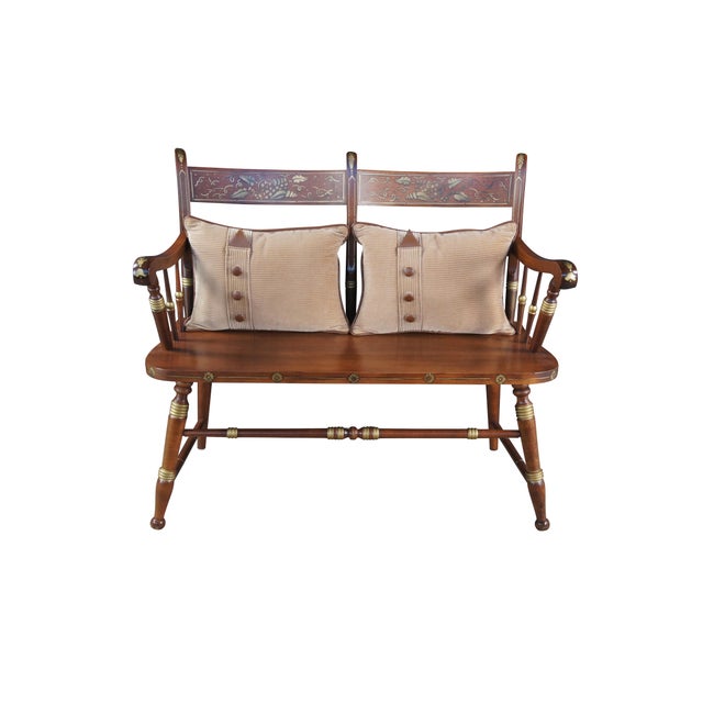 American Mid 20th Century Tell City Hitchcock Style Maple Rumford & Gold Stenciled Spindle Back Bench For Sale - Image 3 of 15