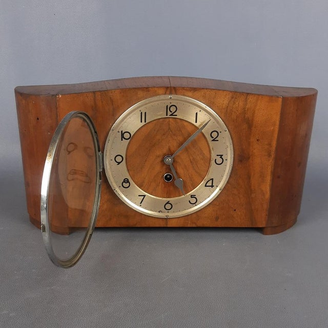 Vintage Wooden Hand-Winding Mechanical Table Clock with Key, 1940s For Sale - Image 6 of 15