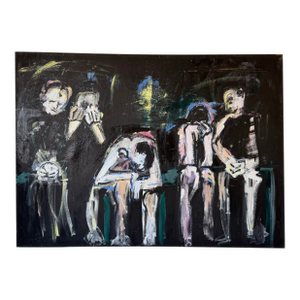 Large - Vintage Helen Stein “The Wait”, Expressionist Acrylic on Canvas Painting – Unframed