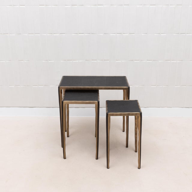 Metal Set of Nesting Tables in Black Shagreen With Bronze Patina Brass by R&y Augousti For Sale - Image 7 of 12