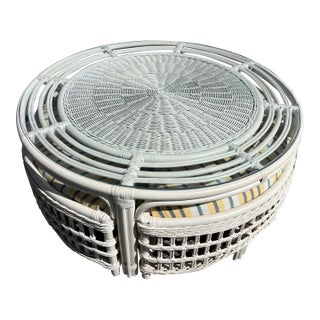 1980s Rattan Wicker Low Table Hideaway Nesting Chairs Bamboo Boho Chic - Set of 5 For Sale