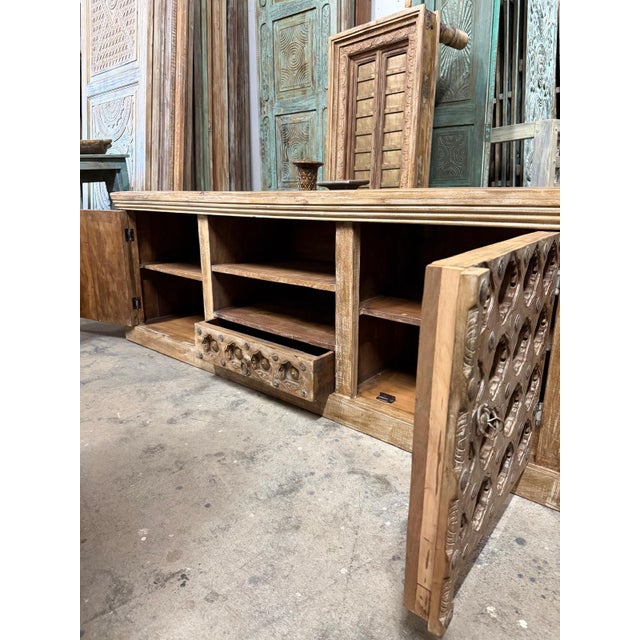 Mid-Century Modern Vintage Hand-Carved Solid Wood Sideboard | Rustic Buffet Credenza Tv Console For Sale - Image 3 of 8