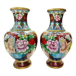 Late 19th Century Antique Pair of Mirrored Gilt Cloisonné Enamel Flower Floral Design Vases