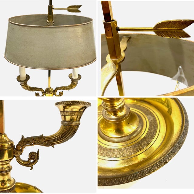 Pair of Vintage Gilt Brass Bouillotte Lamps With French Gray Tole Shades For Sale - Image 4 of 17