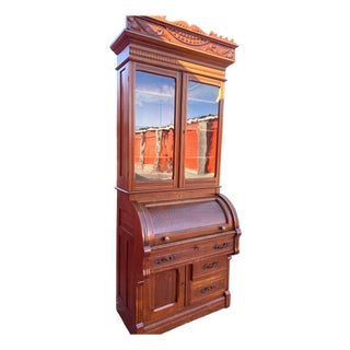 1800's Antique Victorian Eastlake Cylinder Roll-Top Secretary Desk With Bookcase For Sale