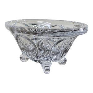 Vintage Cut Crystal Oval Footed Centerpiece Bowl — Starburst & Floral Scalloped Design