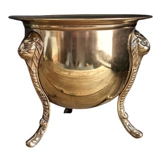 Brass Vintage Lionhead 3 Footed Jardiniere Planter Urn in the Style of Mottahedeh For Sale