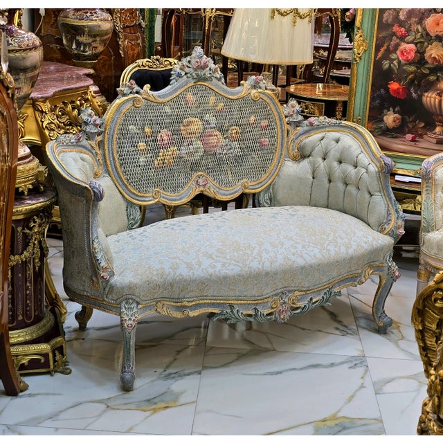 Rococo French Rococo-Style Settee – Pastel Blue & Floral Upholstery With Ornate Gold Leaf Frame For Sale - Image 3 of 3