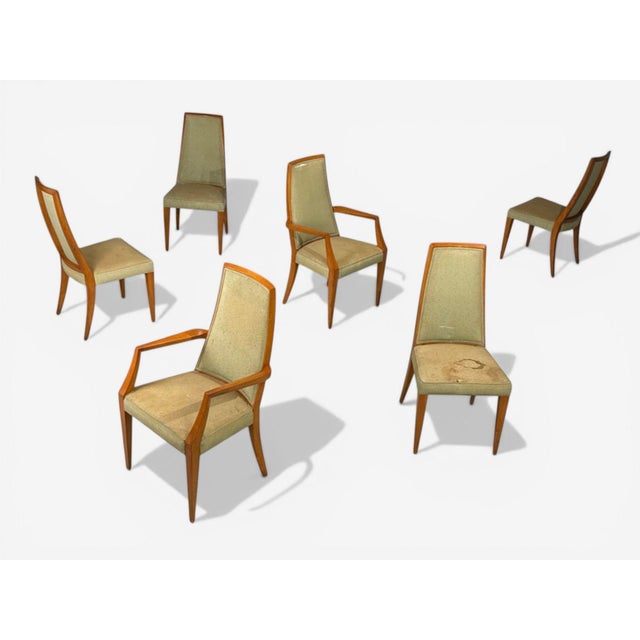 Grosfeld House, Mid-Century Modern, Six Dining Chairs, Walnut, Fabric, USA, 1970s Set of six modernist high back walnut...