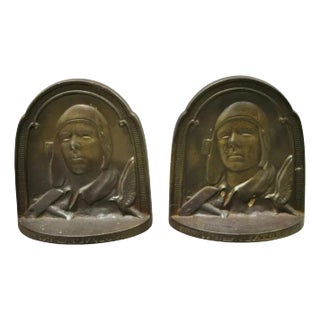 Vintage Charles Lindbergh Art Deco the Aviator 1929 Cast Iron Bookends - A Pair For Sale