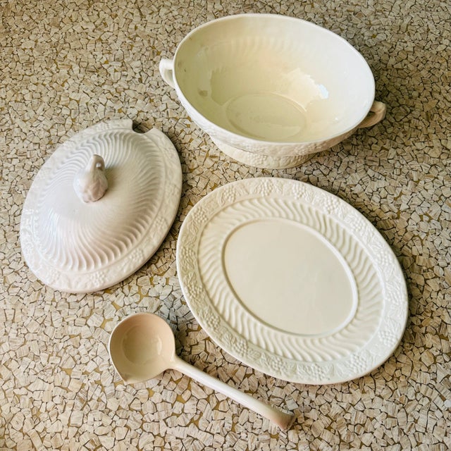 1970s Vintage California Pottery #783 Large White Soup Tureen Swirled with Grapes- 3 Pieces For Sale - Image 5 of 11